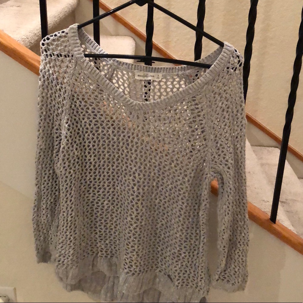 Abercrombie & Fitch Light Gray Open-Knit V-Neck Sweater
